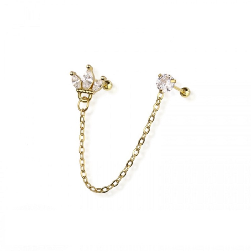 Crown and Round CZ Crystal Connecting Chain Linked Cartilage Barbells – 316L Stainless Steel Gold