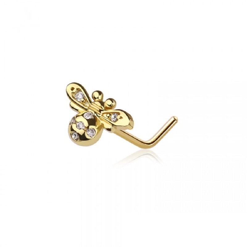 CZ Crystal Bumble Bee Top L-Bend Nose Stud – 316L Stainless Steel Gold