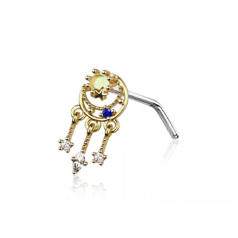 CZ Crystal Crescent Moon with Dangling Stars L-Bend Nose Stud – 316L Stainless Steel Gold