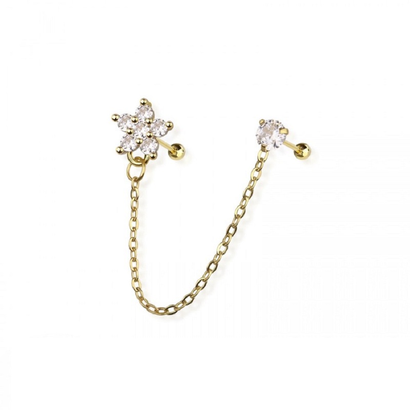 CZ Crystal Flower and Round CZ Crystal Connecting Chain Linked Cartilage Barbells – 316L Stainless Steel Gold
