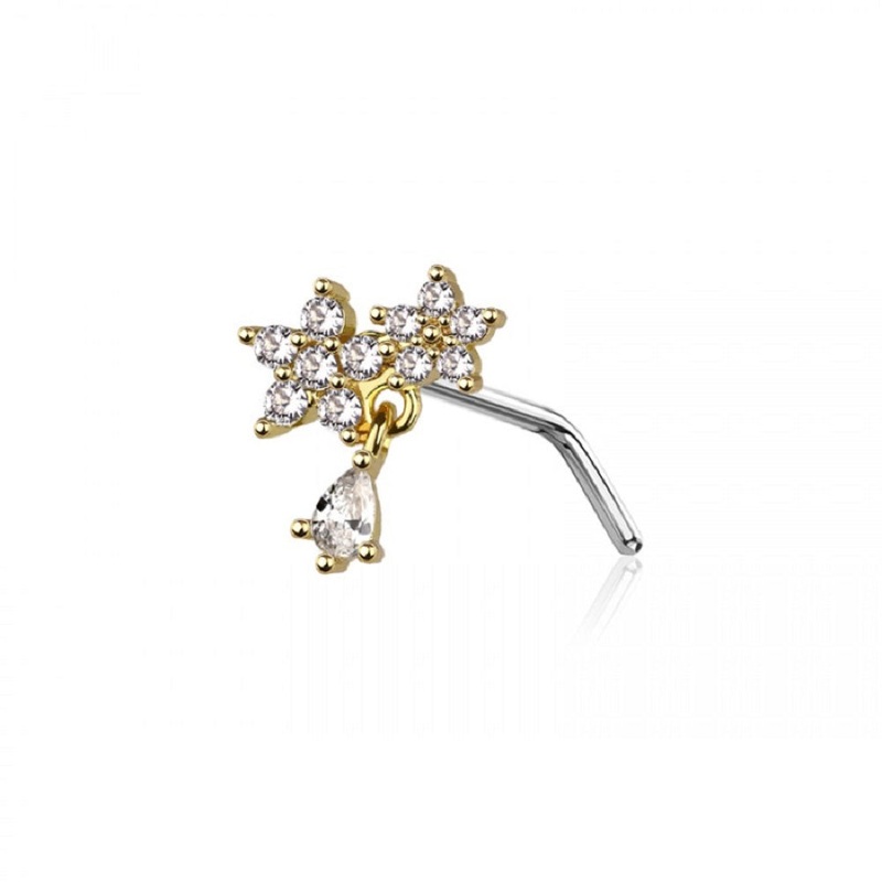 CZ Crystal Flowers with Dangling Gem L-Bend Nose Stud – 316L Stainless Steel Gold