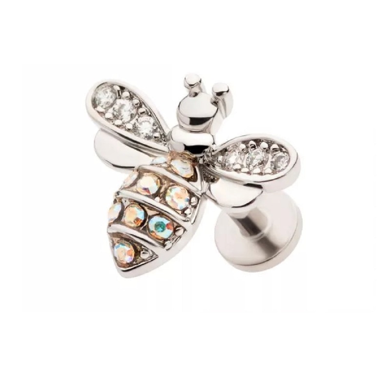 CZ Crystal Paved Bee Threadless Flat Back Stud – 316L Stainless Steel