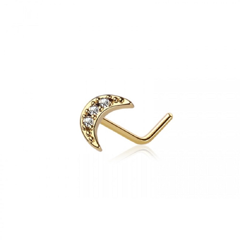 CZ Crystal Paved Crescent Moon Top L-Bend Nose Stud Gold