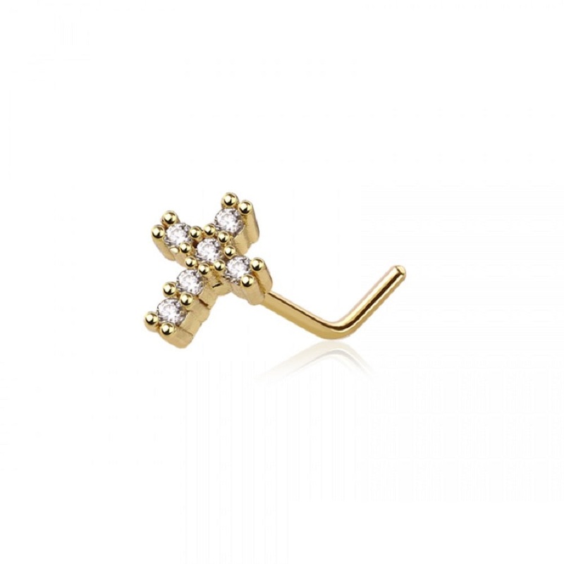 CZ Crystal Paved Cross Top L-Bend Nose Stud – 316L Stainless Steel Gold