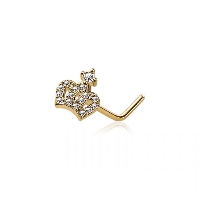 CZ Crystal Paved Crown Top L-Bend Nose Stud Gold