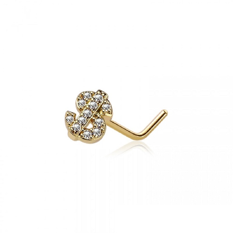 CZ Crystal Paved Dollar Sign Top L-Bend Nose Stud Gold