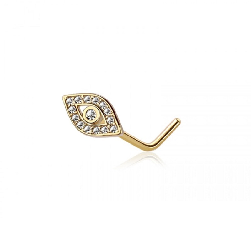 CZ Crystal Paved Evil Eye Top L-Bend Nose Stud – 316L Stainless Steel Gold
