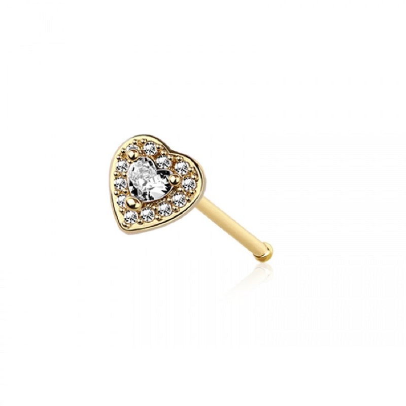 CZ Crystal Paved Heart Nose Bone Stud – 316L Stainless Steel Gold