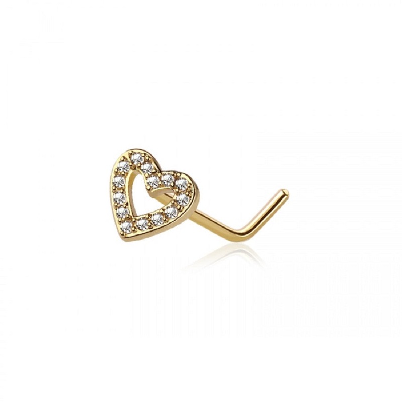 CZ Crystal Paved Heart Outline Top L-Bend Nose Stud – 316L Stainless Steel Gold Clear