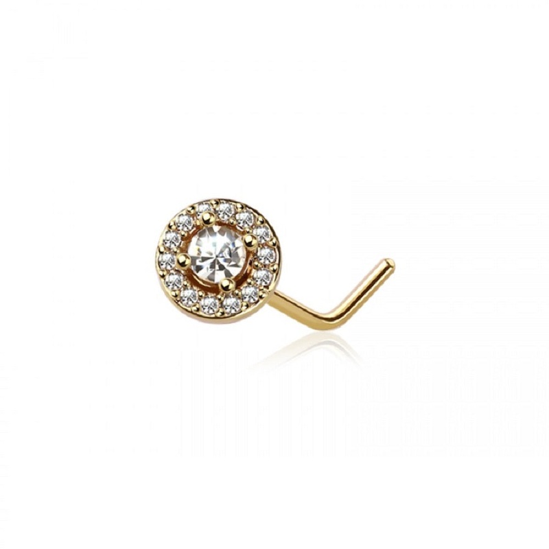 CZ Crystal Paved Round Top L-Bend Nose Stud Gold