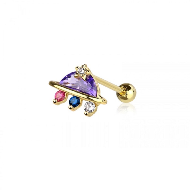 CZ Crystal Purple UFO Barbell Stud – 316L Stainless Steel Gold