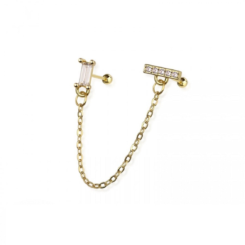 CZ Crystal Rectangle and Paved Bar Connecting Chain Linked Cartilage Barbells – 316L Stainless Steel Gold