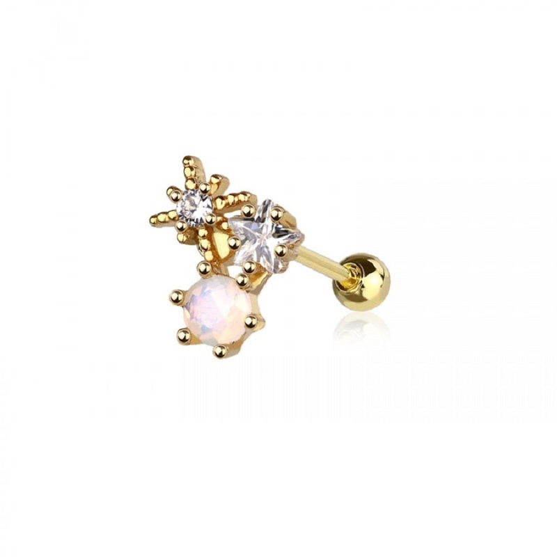 CZ Crystal Starbust Stone Top Barbell Stud – 316L Stainless Steel Gold