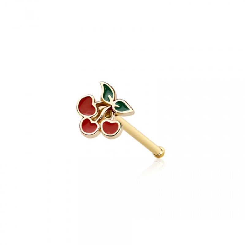 Enamel Cherry Top Nose Bone Stud – 316L Stainless Steel Gold