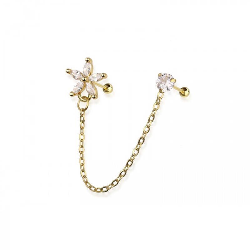 Flower and Round CZ Crystal Connecting Chain Linked Cartilage Barbells – 316L Stainless Steel Gold