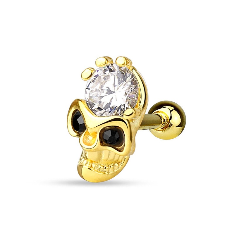 Golden Skull with CZ Forehead and Black CZ Eyes Barbell Stud – 316L Stainless Steel