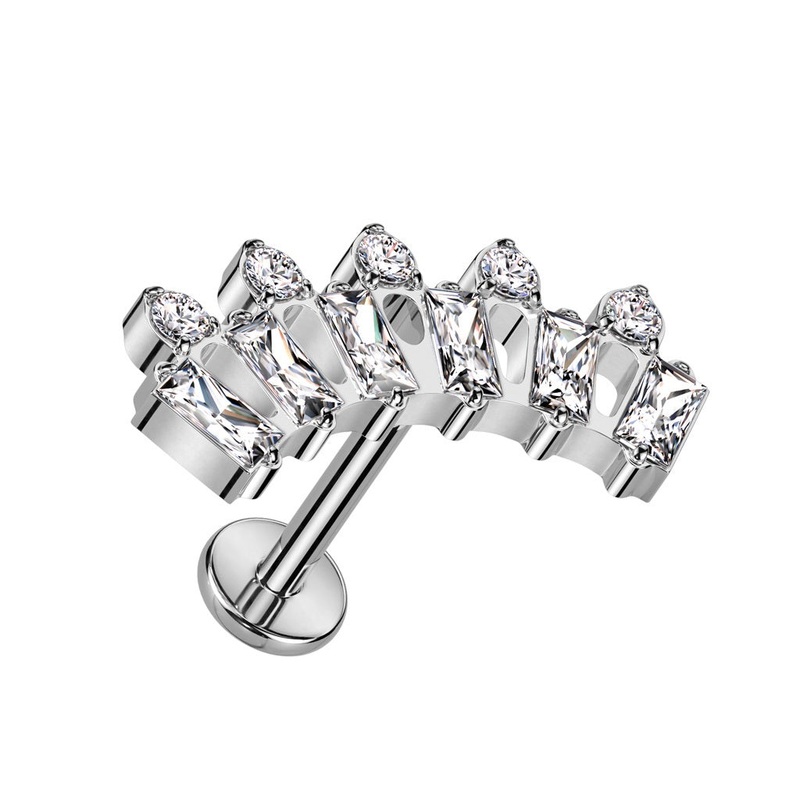 Internally Threaded Baguette and Round CZ Crystal Fan Top Flat Back Stud – F136 Implant Grade Titanium