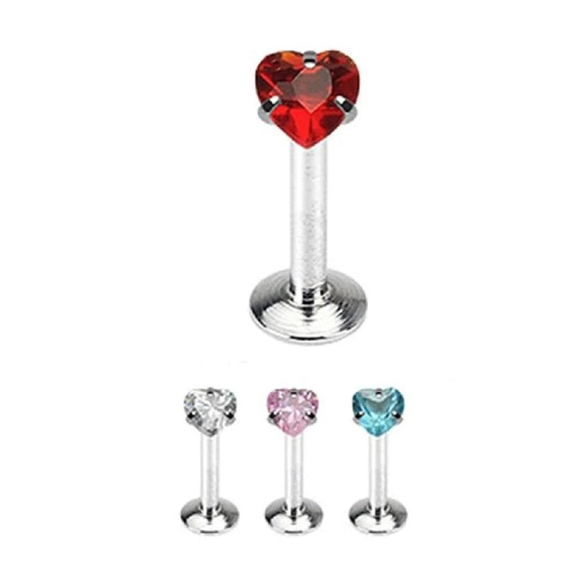 Internally Threaded CZ Crystal Heart Top Flat Back Labret Stud – 316L Stainless Steel Clear