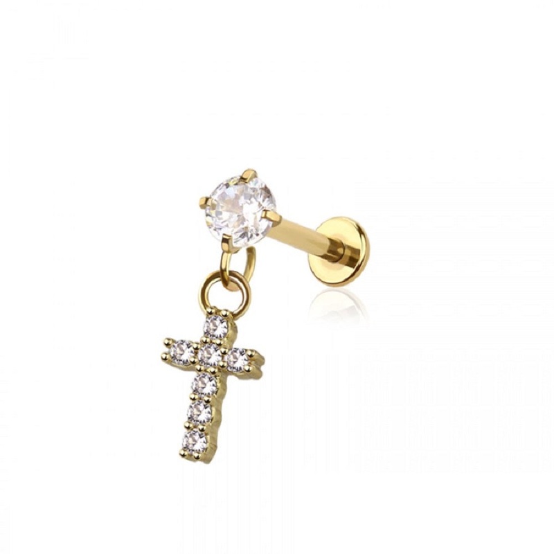 Internally Threaded CZ Crystal with Dangling Cross Flat Back Labret Stud – 316L Stainless Steel Gold