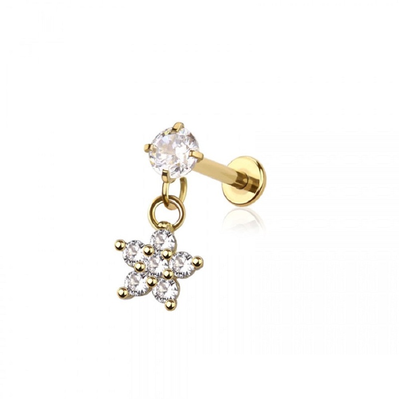 Internally Threaded CZ Crystal with Dangling Flower Flat Back Labret Stud – 316L Stainless Steel Gold