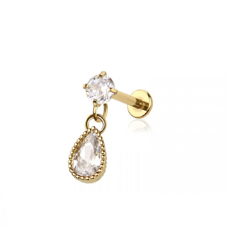 Internally Threaded CZ Crystal with Dangling Teardrop Flat Back Labret Stud – 316L Stainless Steel Gold