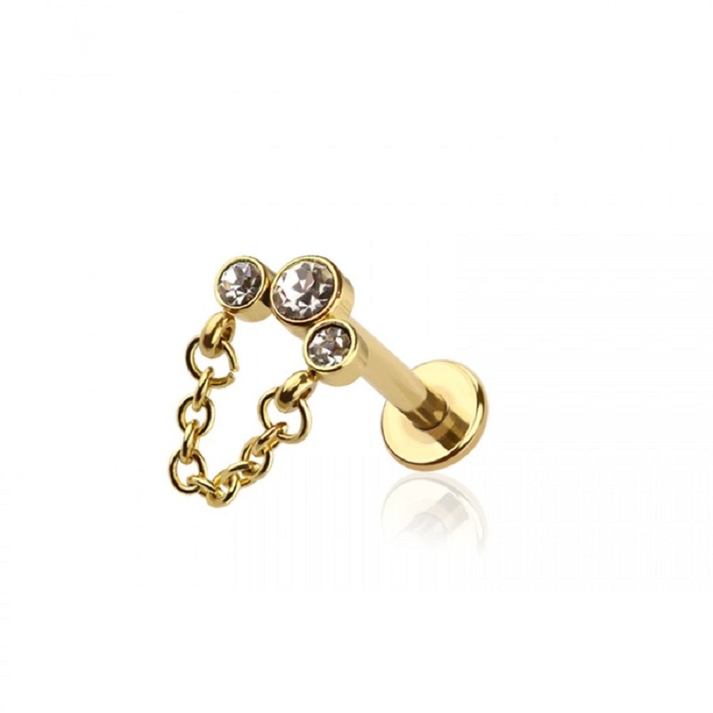 Internally Threaded Triple CZ Crystal with Dangling Chain Top Flat Back Labret Stud – 316L Stainless Steel Gold