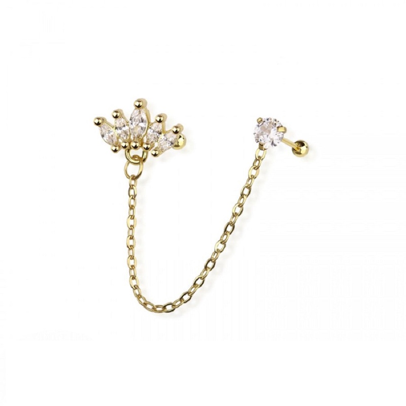 Marquise Fan and Round CZ Crystal Connecting Chain Linked Cartilage Barbells – 316L Stainless Steel Gold