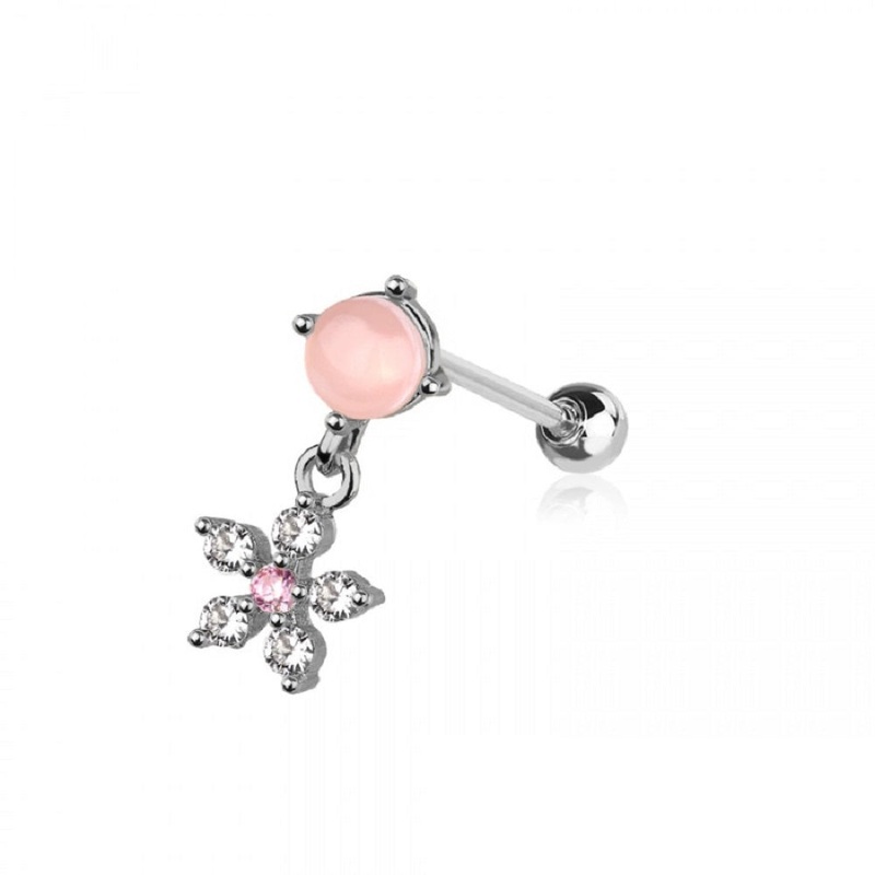 Pink Stone with Dangling CZ Crystal Flower Barbell Stud – 316L Stainless Steel Gold