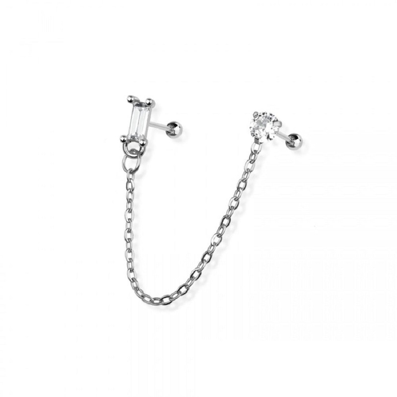 Rectangle and Round CZ Crystal Connecting Chain Linked Cartilage Barbells – 316L Stainless Steel Gold