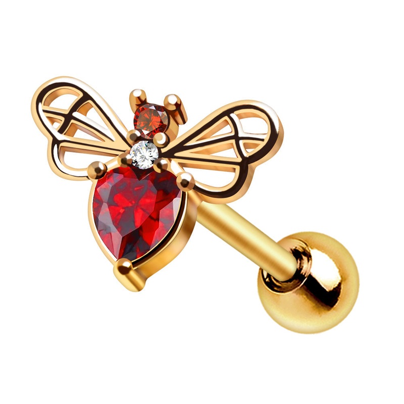 Red Crystal Bumblebee Cartilage Barbell – Gold Plated 316L Stainless Steel