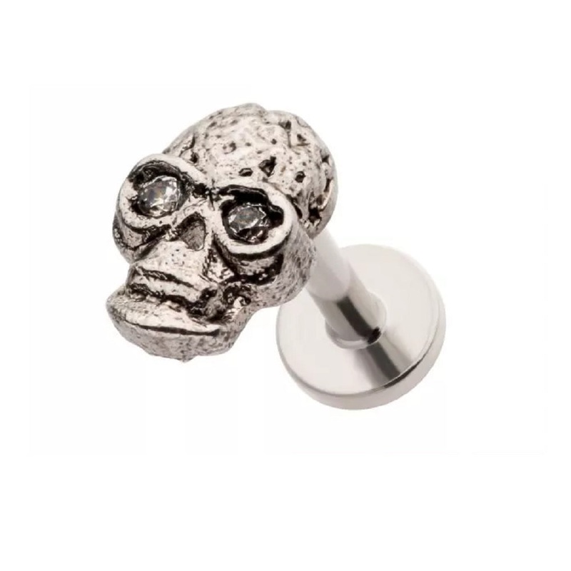 Skull Head with CZ Crystal Eyes Threadless Flat Back Stud – 316L Stainless Steel