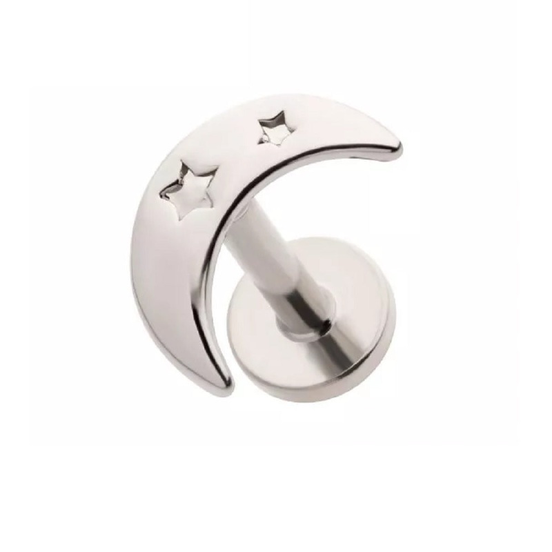 Threadless Crescent Moon with Cut Out Stars Flat Back Stud – 316L Stainless Steel