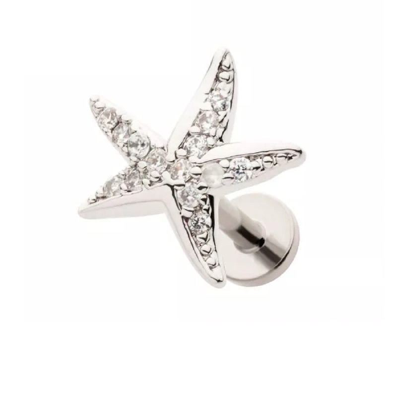Threadless CZ Crystal Paved Starfish Flat Back Stud – 316L Stainless Steel