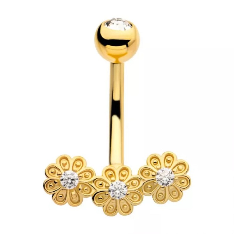 Triple CZ Crystal Flower Cluster Belly Button Ring – Gold PVD 316L Stainless Steel