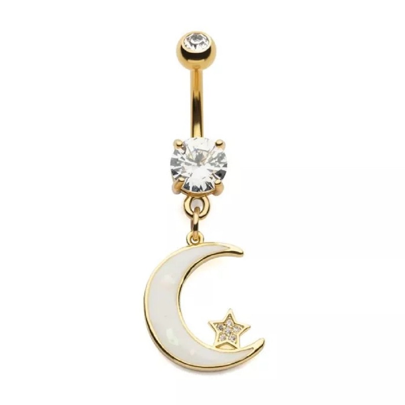 White Opalite Crescent Moon Dangling Belly Button Ring – Gold Plated 316L Stainless Steel