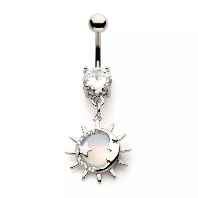 White Opalite Sun and Crescent Moon Dangling Belly Button Ring – 316L Stainless Steel