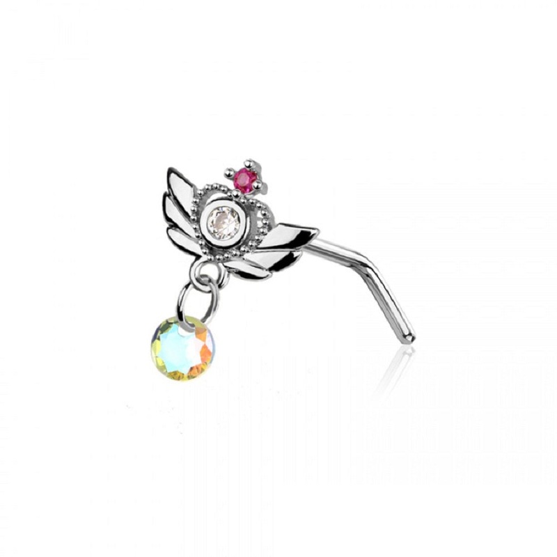 Winged Heart with Dangling Gem L-Bend Nose Stud – 316L Stainless Steel Gold