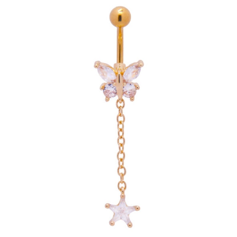 Zircon Crystal Butterfly with Dangling Star Belly Button Ring – 316L Stainless Steel Gold
