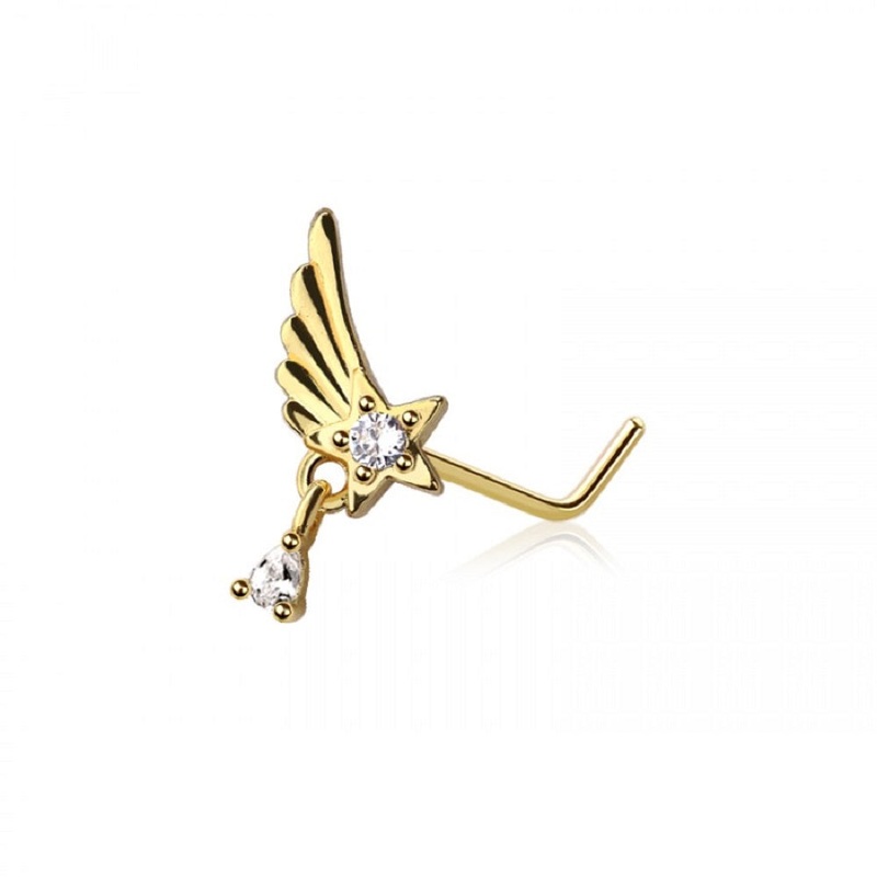 Angel Wing with Dangling Gem L-Bend Nose Stud – 316L Stainless Steel Gold