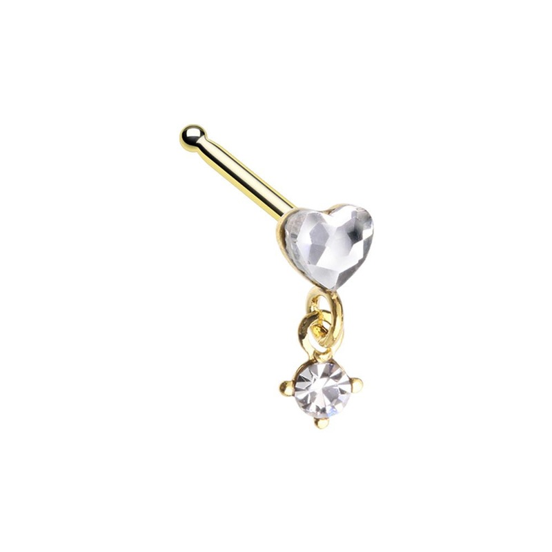 Crystal Heart with Dangling Gem Nose Bone Stud – Gold Tone Stainless Steel