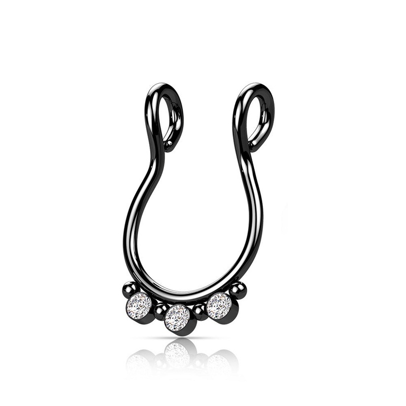 CZ Crystal and Ball Lined Fake Septum Ring – 316L Stainless Steel Black