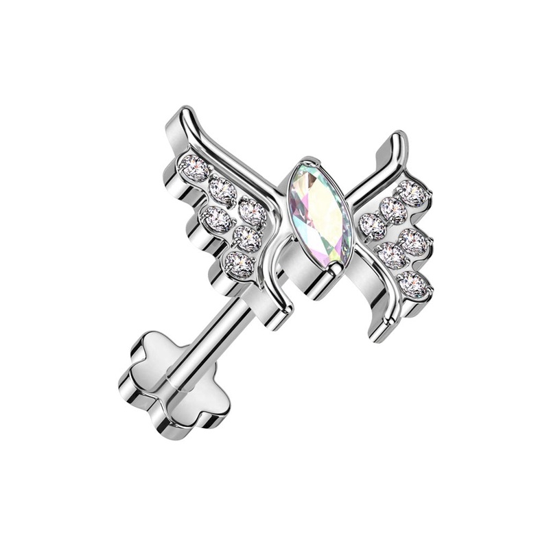 CZ Crystal Butterfly Threadless Push-In Flower Base Labret Stud – F136 Implant Grade Titanium Aurora Borealis