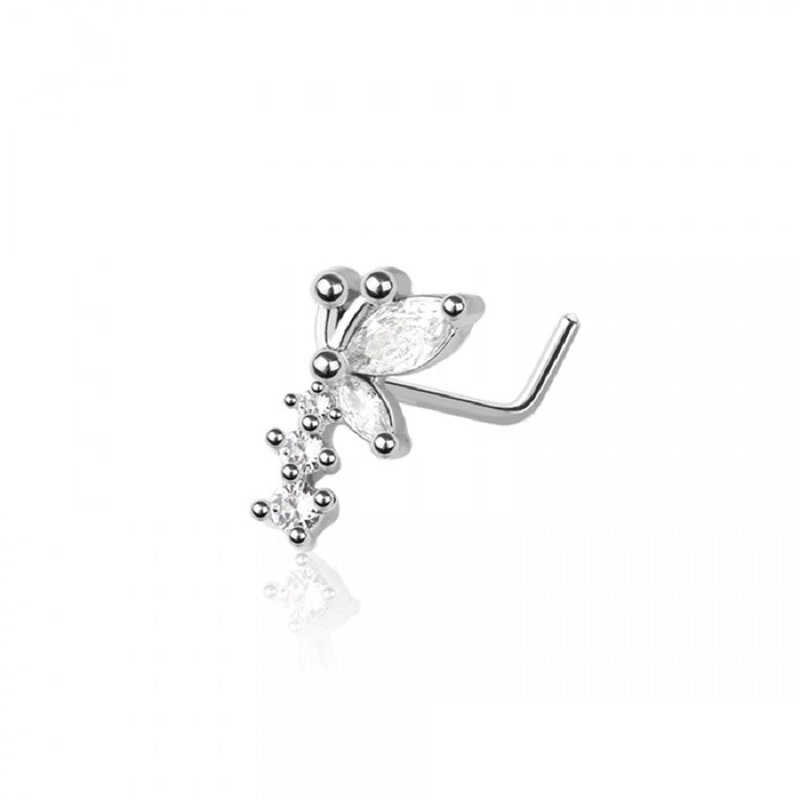 CZ Crystal Butterfly with Triple Gem L-Bend Nose Stud – Stainless Steel