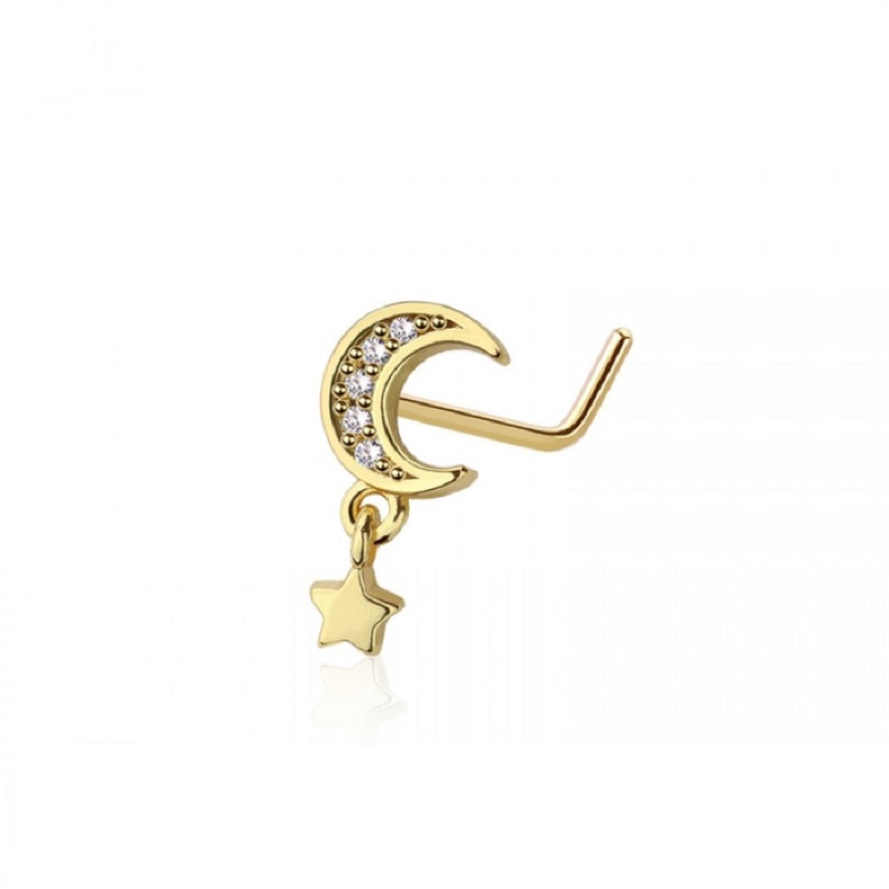 CZ Crystal Crescent Moon with Dangling Star L-Bend Nose Stud – 316L Stainless Steel Gold