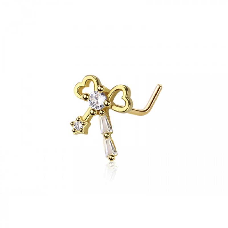 CZ Crystal Heart Ribbon L-Bend Nose Stud – 316L Stainless Steel Gold