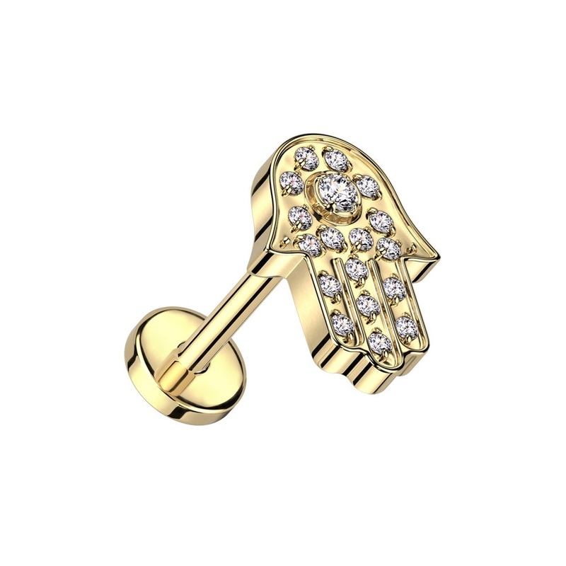 CZ Crystal Paved Hamsa Hand Threadless Push-In Labret Stud – F136 Implant Grade Titanium Gold