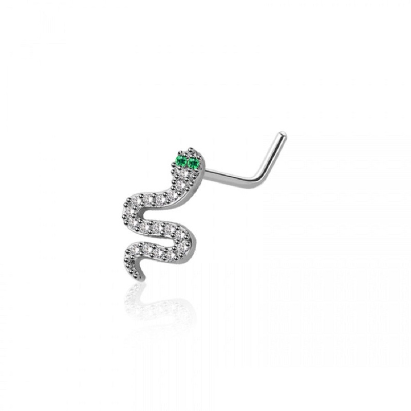 CZ Crystal Snake with Green Eyes L-Bend Nose Stud – 316L Stainless Steel