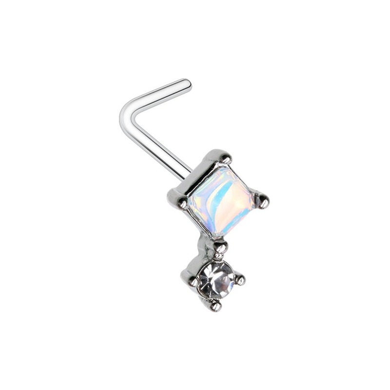 Diamond Shaped Moonstone with Dangling Gem L-Bend Nose Stud – Stainless Steel