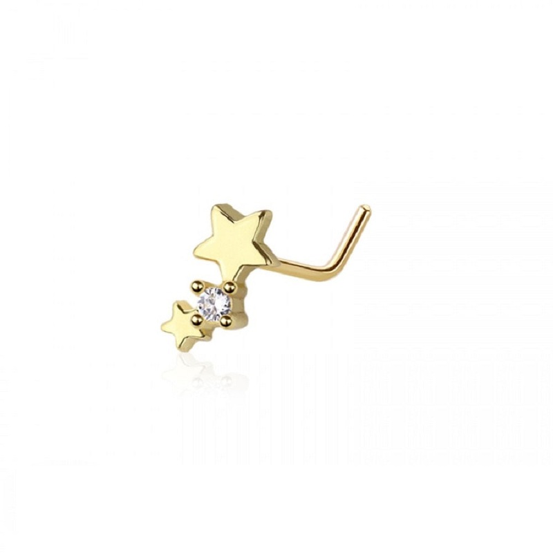 Double Star with Center Gem L-Bend Nose Stud – 316L Stainless Steel Gold
