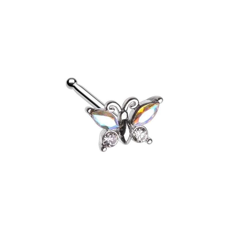 Iridescent Aurora Borealis Crystal Butterfly Nose Bone Stud – Stainless Steel